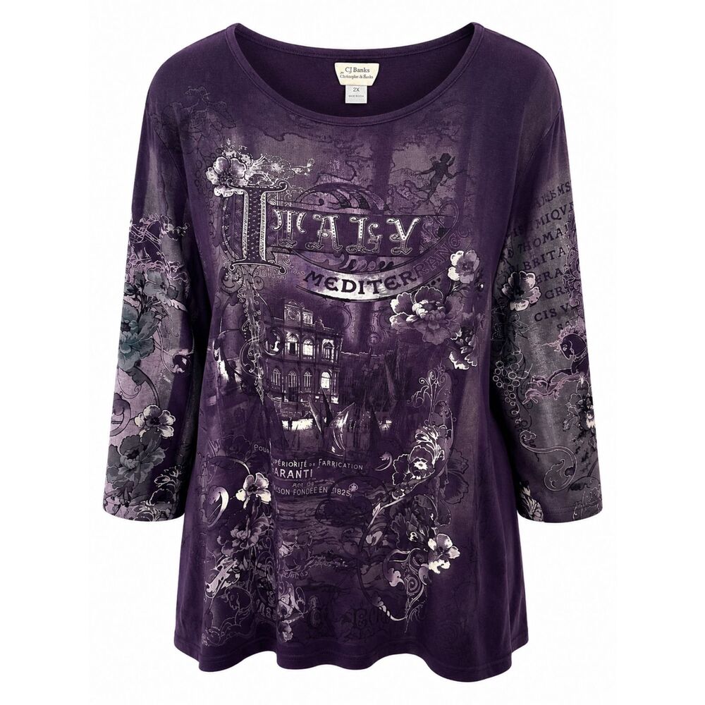 CJ Banks Italy Mediterranean Graphic Top Purple Floral Plus Size 2X